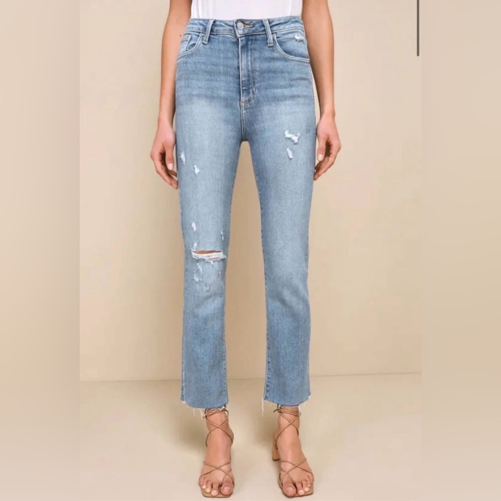 NWT Lulu's Light Blue Distressed Straight-Leg Jeans